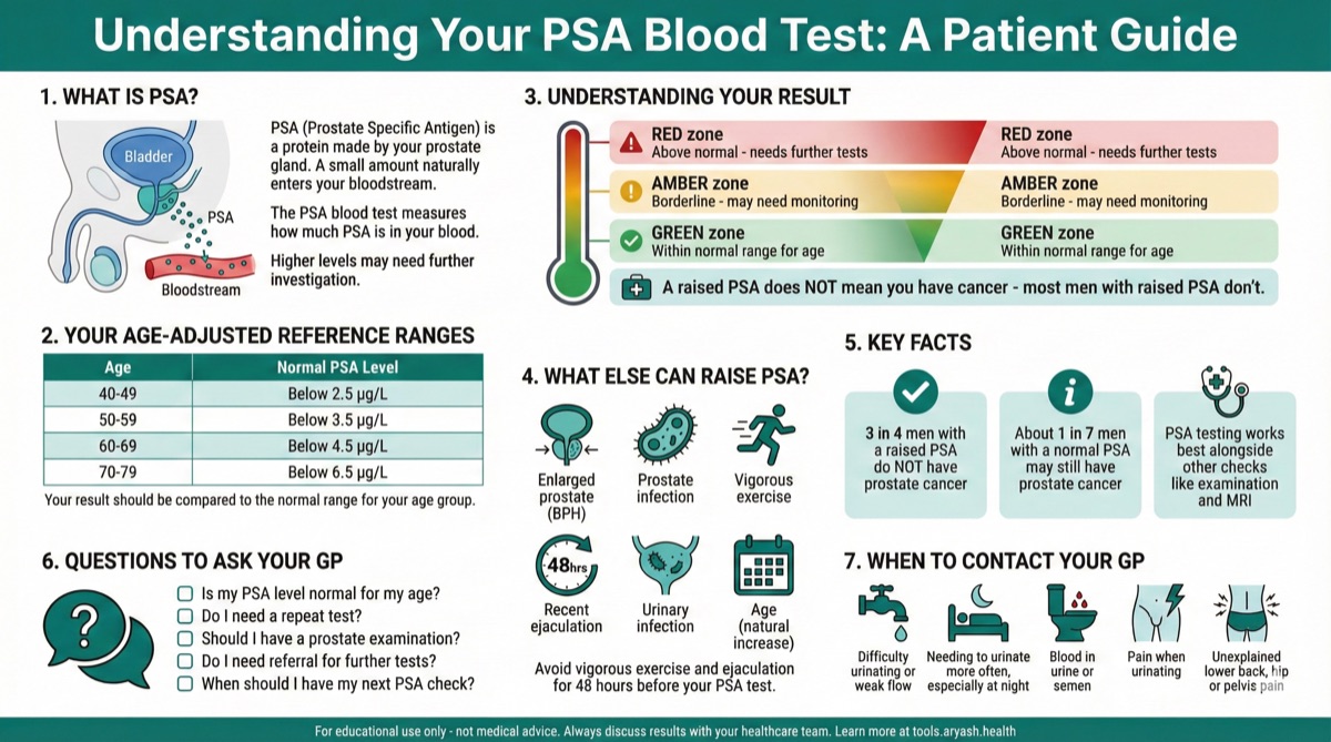 PSA Blood Test Infographic - Understanding your prostate-specific antigen results, normal ranges by age, and what raised levels mean