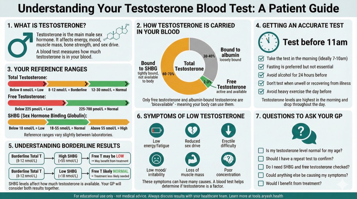 Testosterone Blood Test Infographic - Understanding total testosterone, free testosterone, and SHBG results